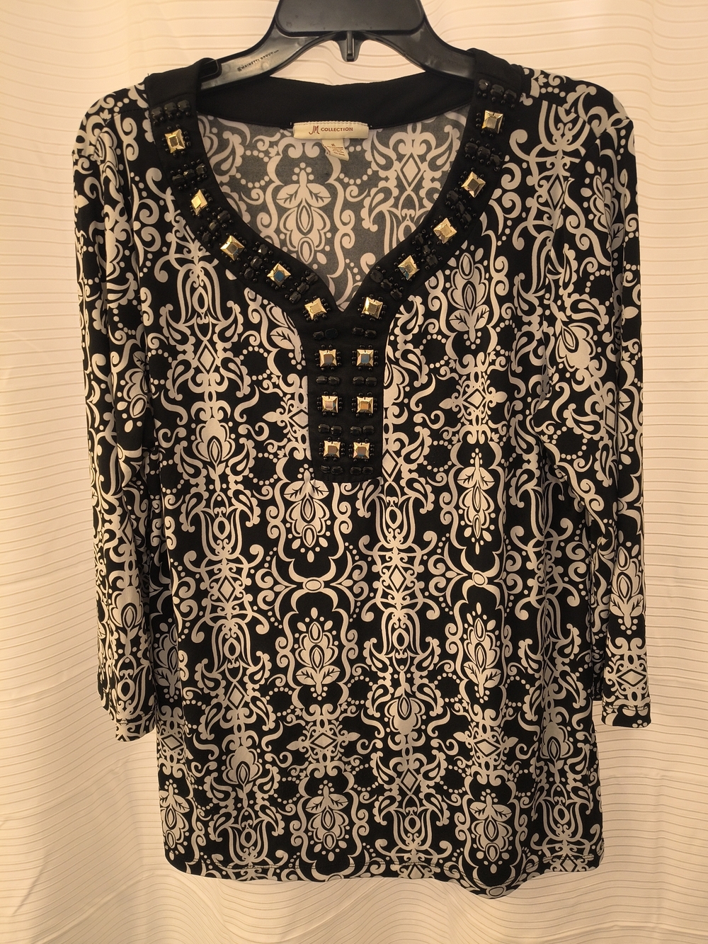 JM Collection Black and White Beaded V-Neck Tunic
